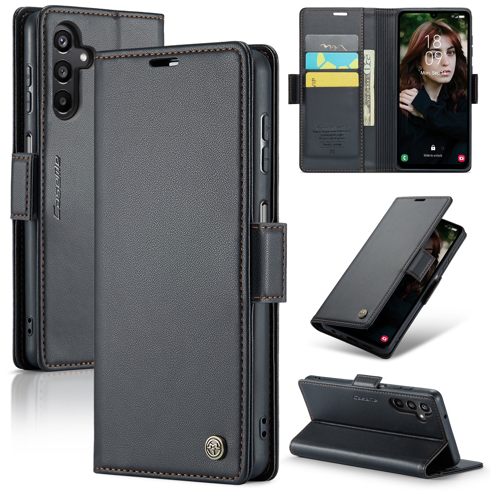 For Samsung Galaxy A16 5G / A16 4G Case CASEME 023 Series RFID Blocking Glossy Stand Phone Cover - Black For Samsung Galaxy A16 5G / A16 4G Case CASEME 023 Series RFID Blocking Glossy Stand Phone Cover - Black